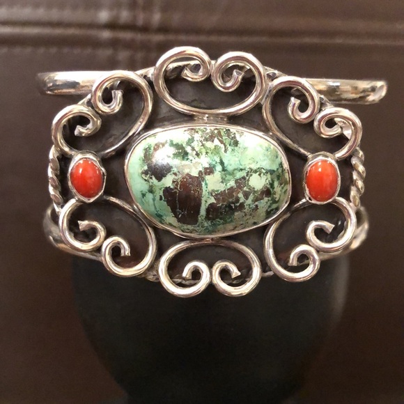 VINTAGE Sterling Silver Turquoise Coral Cuff Bangle Bracelet - Picture 4 of 11
